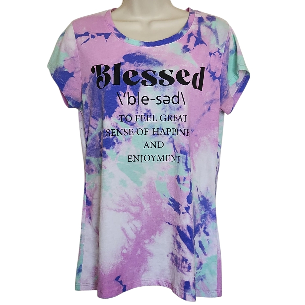 Wound Up Multi-Color Tie-Dye Blessed Definition Graphic Womens Short-sleeve Tee